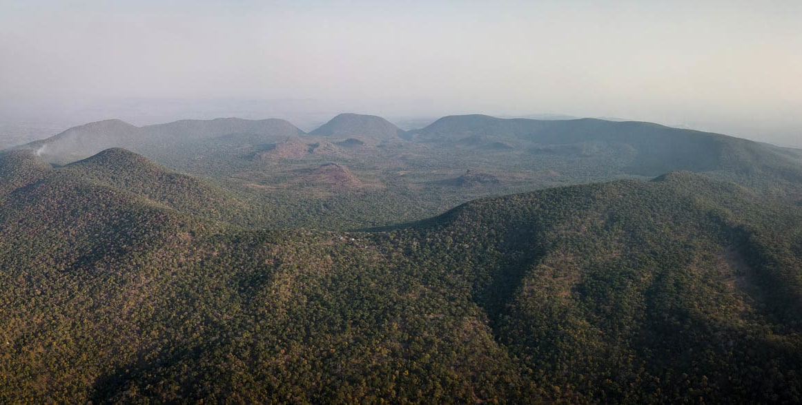 Aerial view of the circular Monte Muambe carbonatite intrusion in Tete Province, Mozambique.